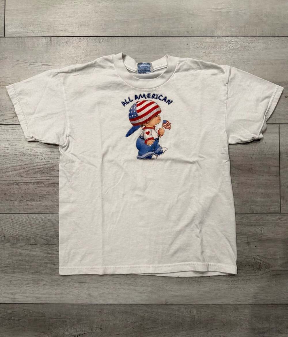 Y2K Vintage Hanes All American Graphic T-Shirt Size L (14-16) White USA 4th Of J